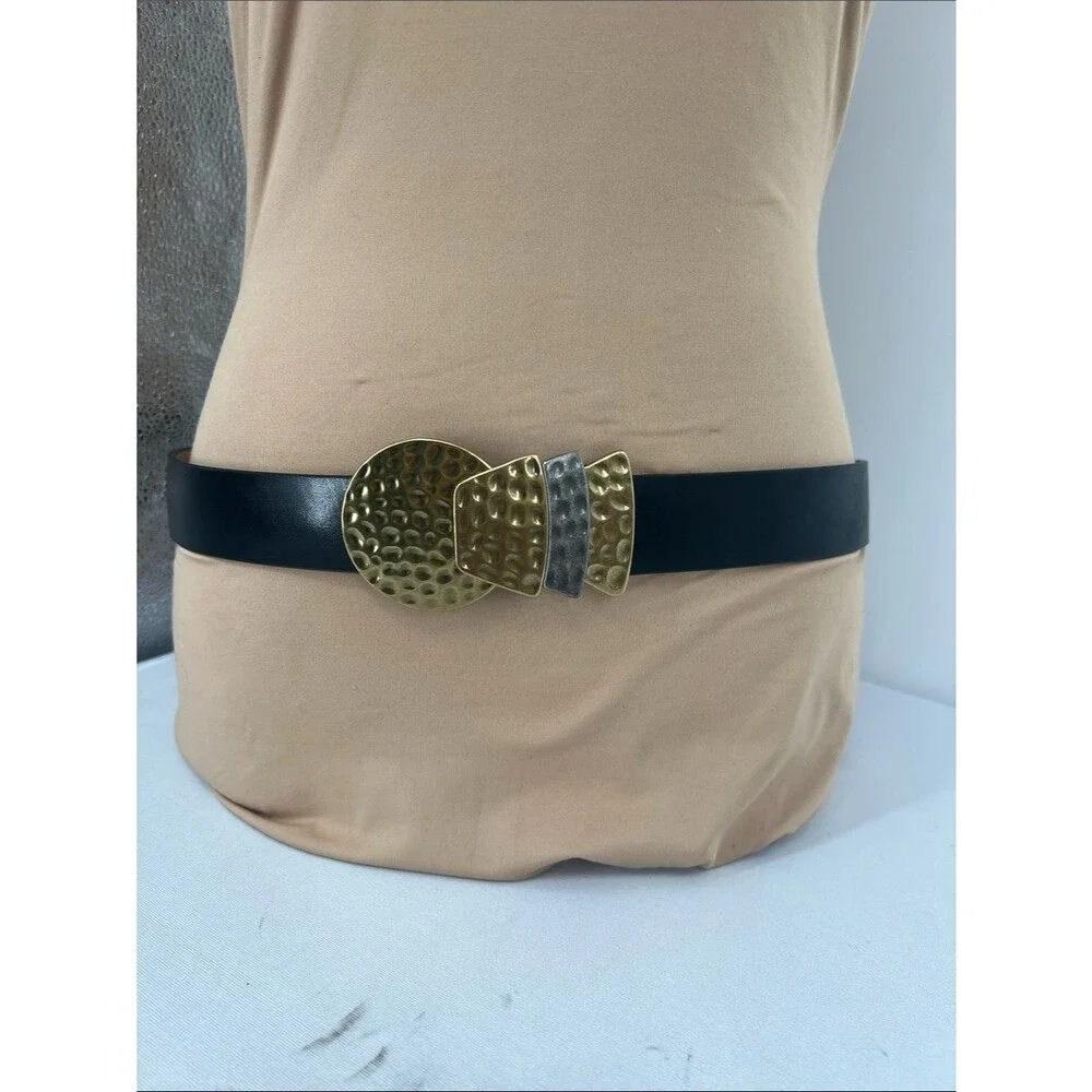 Chico's Black Waist Belt with Mixed Metal Hammered Buckle